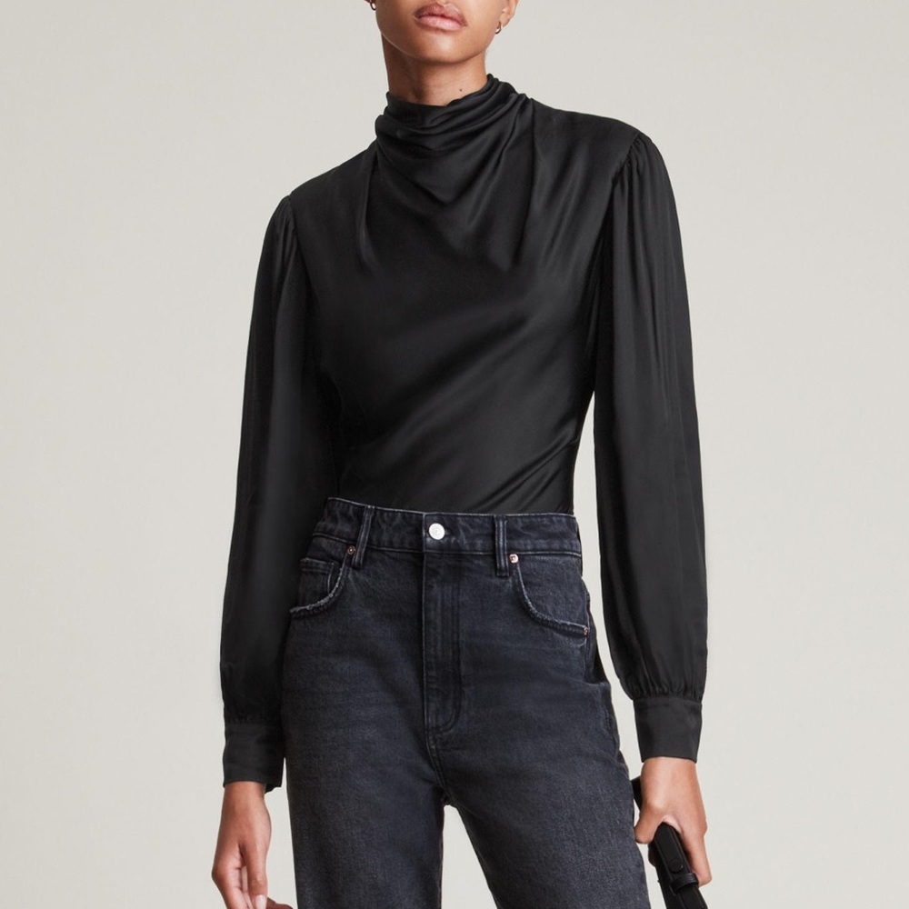 Allsaints Black Satin Long Sleeve High Neck Ilaria Bodysuit Shirt
